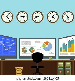 Workplace broker. Analytical Center. Trading Exchange. Vector Image Stock.