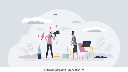 Workplace bullying and mental harassment from boss tiny person concept. Conflict and bully behavior to female victim vector illustration. Grumpy manager yells to colleague. Frustration and anxiety.