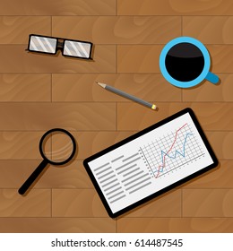 Workplace businesman top view. Statistical document wood table. Vector illustration