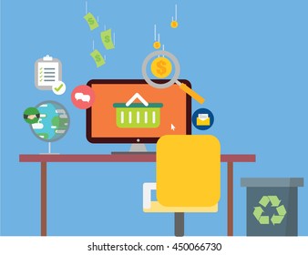 workplace Business applications and communications with commercial paper, documents, files, marketing , flat design