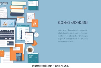 Workplace business background. Top view of office supplies laptop, folder, documents, notepad, books, purse, calendar, calculator, coffee, crumpled paper. Place for text. Vector Top view