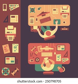 Workplace. Business, computer, design, drawing tools. Vector flat illustrations and icons 