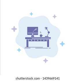 Workplace, Business, Computer, Desk, Lamp, Office, Table Blue Icon on Abstract Cloud Background