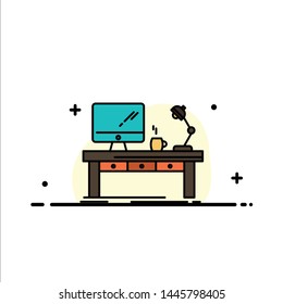Workplace, Business, Computer, Desk, Lamp, Office, Table  Business Flat Line Filled Icon Vector Banner Template