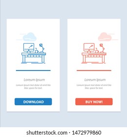 Workplace, Business, Computer, Desk, Lamp, Office, Table  Blue and Red Download and Buy Now web Widget Card Template