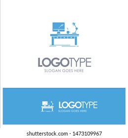 Workplace, Business, Computer, Desk, Lamp, Office, Table Blue Solid Logo with place for tagline