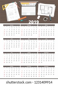 Workplace. Business, Construction project architect house plan calendar 2019. Top view. Vector Illustration