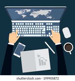Workplace of business. Flat design vector illustration of modern office  interior