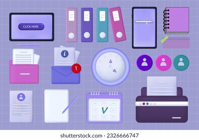 Workplace, business icon 3d. Workspace of a freelancer or employee. Tablet, smartphone, documents in folders, notepad and printer. Vector set of office elements, stationery. Business icons 3d.