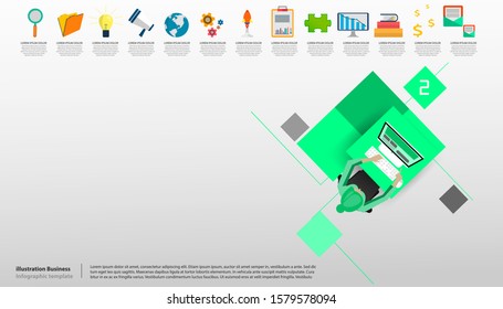 Workplace Business lady Brainstorming  with icon   - Top view modern Idea and Concept Vector illustration Business Infographic template.
