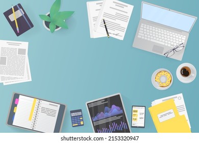 Workplace for business, management, finances and self office. Place for text. View from above. notebook and office supplies on the desktop.