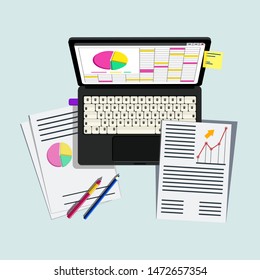 Workplace for business, management and IT. Laptop,  notebook and office supplies on the desktop