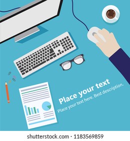 Workplace for business, management and IT. View from above. Laptop, mobile phone, notebook and office supplies on the desktop