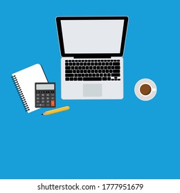 Workplace for business. management and IT. View from above. labtop notebook pencil calculator coffee on the blue background. vector illustration design.