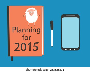 Workplace with business objects. Note with inscription planning for 2015