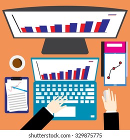 Workplace business office top view of hand on laptop computer on desk with monitor, digital device, coffee and paper with graph. Flat design vector illustration.