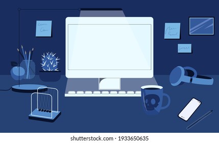 Lugar de trabajo para empresas, estudiantes y TI. Monitor de computadora, teléfono móvil, taza y suministros de oficina en el escritorio a la luz de una lámpara. Ilustración vectorial plana
