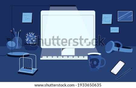 Workplace for business, student and IT. Computer monitor, mobile phone, cup and office supplies on the desktop in the light of a lamp. Flat vector illustration