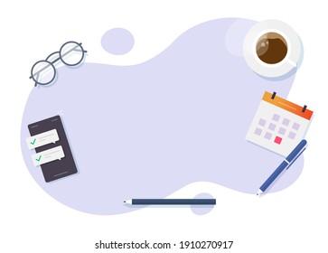 Workplace business table top view empty blank template vector flat lay cartoon illustration, office working desk from above for copy space text, education or learning workdesk modern design
