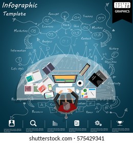 Workplace Business Top view modern Idea and Concept Vector illustration Infographic template with Equipment at Work,Lined pattern,graph,arrow,colorful,icon.