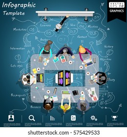 Workplace Business Top view modern Idea and Concept Vector illustration Infographic template with Equipment at Work,Lined pattern,graph,arrow,colorful,icon.