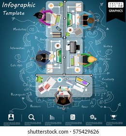 Workplace Business Top view modern Idea and Concept Vector illustration Infographic template with Equipment at Work,Lined pattern,graph,arrow,colorful,icon.
