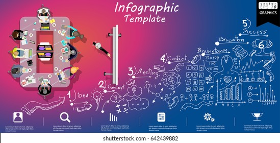 Workplace Business - Top View -  Modern Design Idea And Concept Vector Illustration Infographic Template With  Background Lined Pattern,graph,arrow,icon.