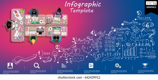 Workplace Business - Top view -  modern design Idea and Concept Vector illustration Infographic template with  Background Lined pattern,graph,arrow,icon.