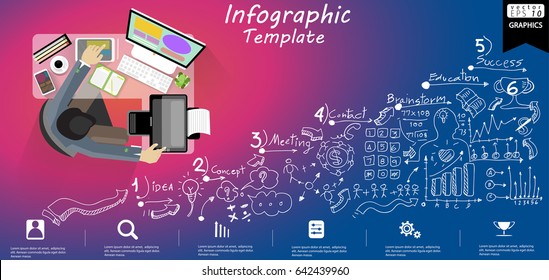 Workplace Business - Top view -  modern design Idea and Concept Vector illustration Infographic template with  Background Lined pattern,graph,arrow,icon.