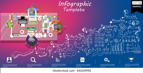 Workplace Business - Top view -  modern design Idea and Concept Vector illustration Infographic template with  Background Lined pattern,graph,arrow,icon.