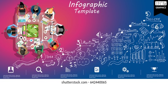 Workplace Business - Top view -  modern design Idea and Concept Vector illustration Infographic template with  Background Lined pattern,graph,arrow,icon.