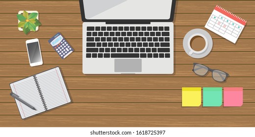 Workplace for business.top view.Office desk table with laptop.brown.wood.table