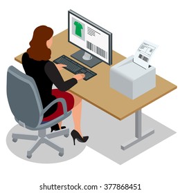 Workplace. Business woman looking at a laptop screen. Manager working at the computer. Flat 3d vector isometric illustration