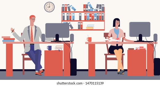 Workplace. Businessman and business ladies are working at their jobs. A man looks at a computer screen. A woman does her work creatively and thoroughly. Flat vector illustration.