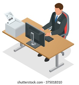 Workplace. Businessman looking at the laptop screen. Man working at the computer. Flat 3d vector isometric illustration