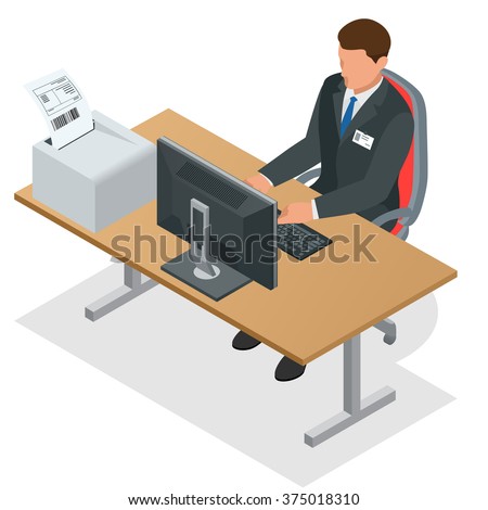 Workplace. Businessman looking at the laptop screen. Man working at the computer. Flat 3d vector isometric illustration