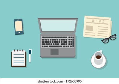 Workplace of businessman with mobile devices, laptop, newspaper and documents for work. Flat design style with shadows - vector illustration