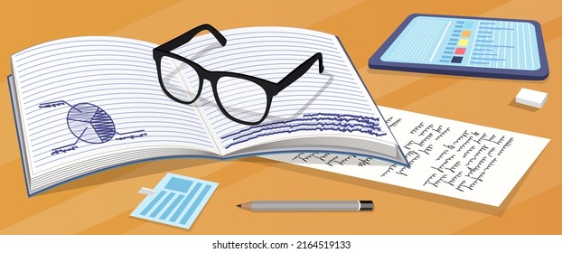Lugar de trabajo del empresario en el cargo. Documento con notas y hoja circular de papel rellena con información cercana a pensil y borrador para reunión de negocios. Gafas y tableta con pantalla de color en la mesa