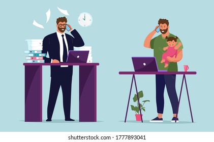 Workplace businessman in the office. A man with a phone and a child in his arms at a remote work from home. The concept of career growth, work and family, freelance and work in a company. Flat vector