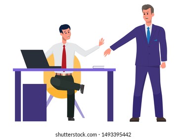 Arbeitsplatz. Ein Geschäftsmann arbeitet an einem Computer. Ein Mitarbeiter eines Büroteams kam auf, um über Geschäfte zu sprechen. Teamwork ist produktiv und profitabel. Flache Vektorgrafik.