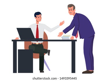 Workplace. A businessman works on a computer. An office team colleague came up to talk on business. Teamwork is productive and profitable. Flat vector illustration.