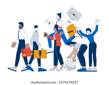 Workplace with busy employees diverse 2D illustration concept. Office workers walking, holding briefcases, multitasking cartoon characters isolated on white. Metaphor abstract flat vector graphic