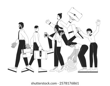 Workplace with busy employees diverse black and white 2D illustration concept. Office workers walking, holding briefcases, multitasking outline characters isolated. Metaphor monochrome vector art