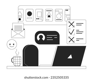 Workplace bw concept vector spot illustration. Home office and multitasks 2D cartoon flat line monochromatic objects for web UI design. Editable isolated outline hero image