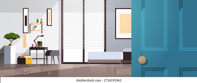 workplace cabinet in bedroom empty no people apartment interior room with furniture horizontal vector illustration