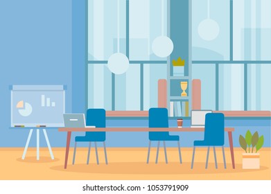 Workplace, cabinet, office. Empty workspace with table and chairs.