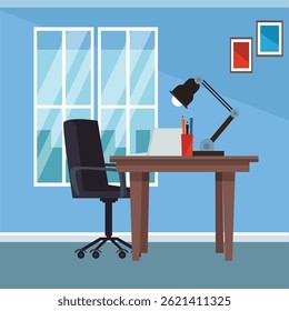workplace, cabinet, window, illustration, corporate, room, chair, cartoon, business, table, place, vector, flat, modern, computer, interior, job, indoor, desk, background, work, furniture, office, 