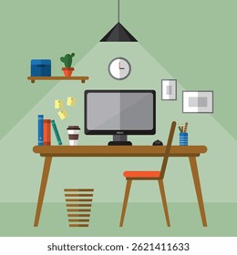 workplace, cabinet, window, illustration, corporate, room, chair, cartoon, business, table, place, vector, flat, modern, computer, interior, job, indoor, desk, background, work, furniture, office, 