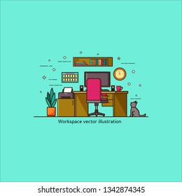 Workplace and cat, home office vector illustration. Freelancer, blogger, writer, individual business theme. Working table, computer, printer, coffee cup, plant in pot, wall planner, clock, bookshelf.