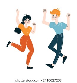 Workplace celebration concept. A pair of employees exuding joy with raised arms and cheerful gestures. Sharing success and happiness at work. Flat vector illustration